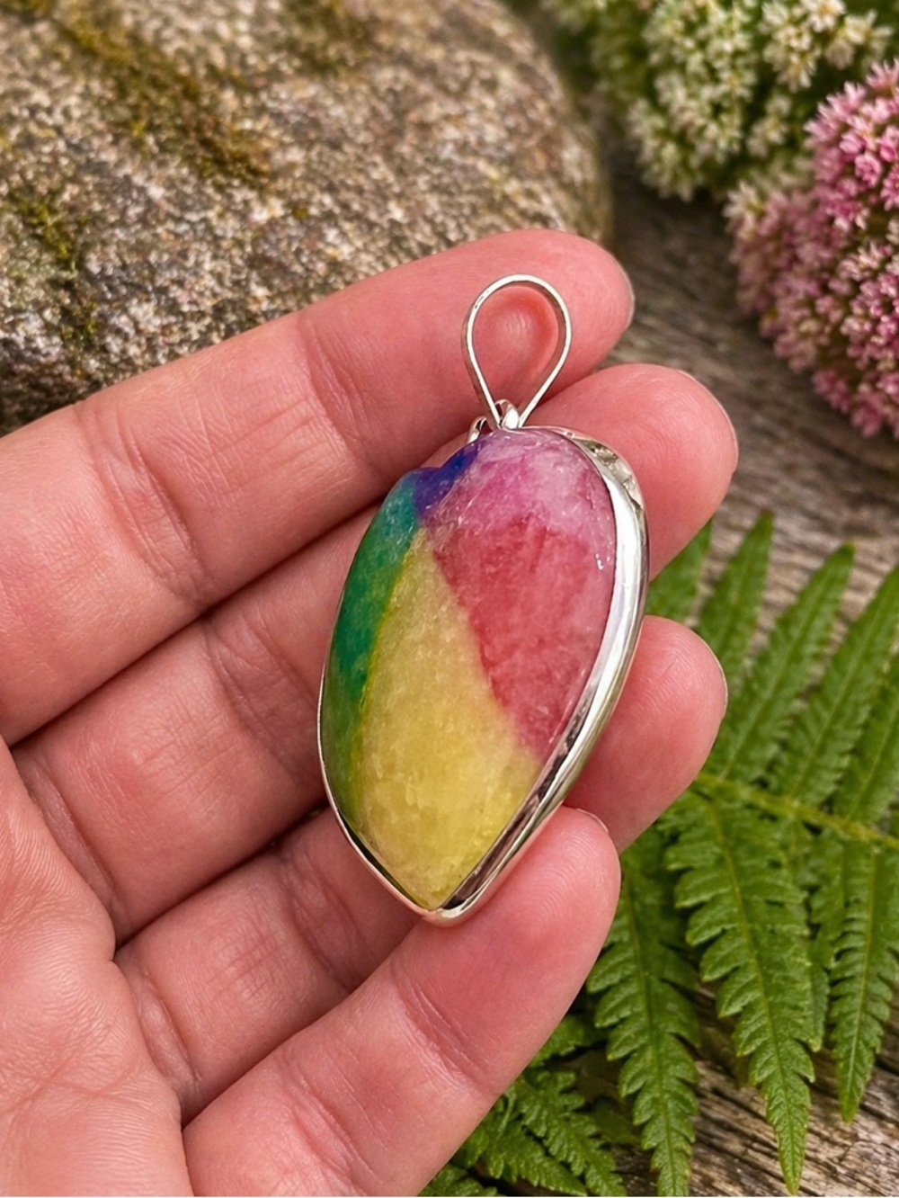 Colorful Rainbow Solar Quartz Heart 1.5” Sterling Silver Pendant - Picture 3 of 5